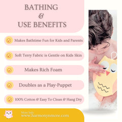 Harmony N More Opal Owl washmitt puppet-bathtime mode invites playful bonding during baths.