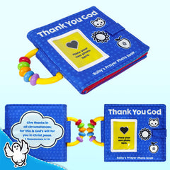 HarvMax Baby's Prayer Photo Book soft fabric cover enhances gentle handling.