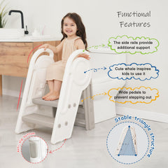 Harwaya toddler step stool 3-steps in use shows adjustable height.