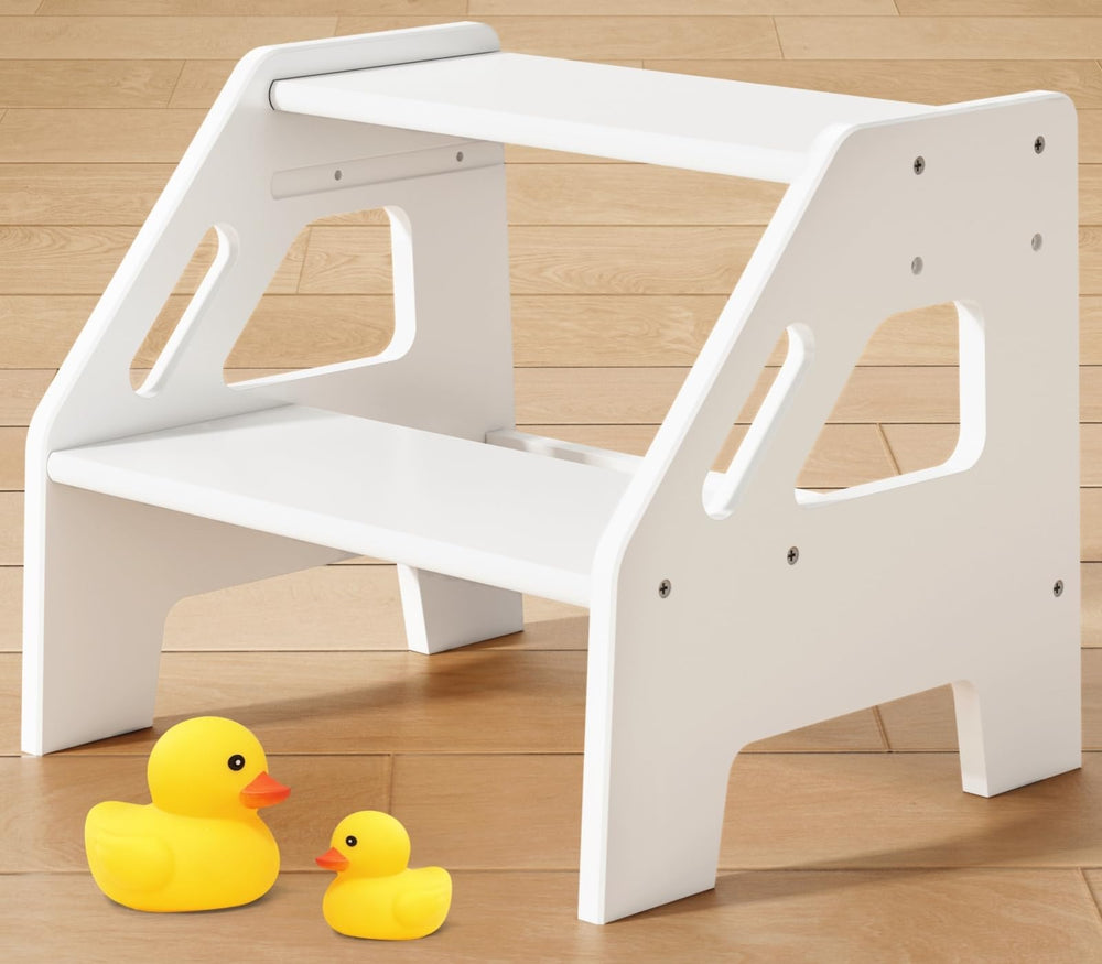 Harwaya white wood toddler step stool front view for safe access