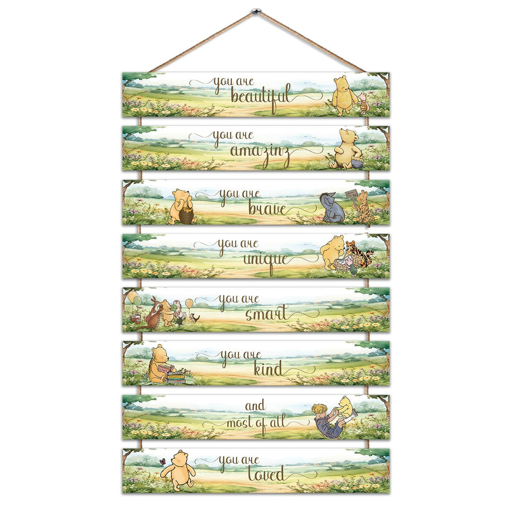 Hatzelou Pooh wood sign collection closeup—durable print for home decor