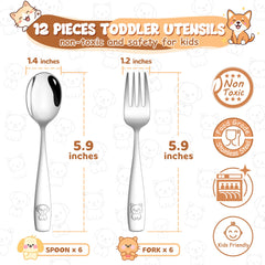 HaWare toddler utensils cat-dog-handle close-up illustrating animal-themed design.
