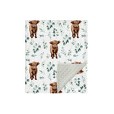 HawSkgFub Highland Cow Eucalyptus Leaf Mink Blanket front view shows cozy newborn comfort.