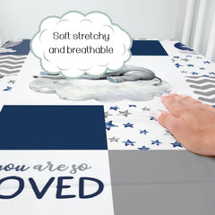 HawSkgFub navy blue elephant crib sheet closeup—soft, durable fabric for daily use.