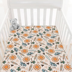 HawSkgFub hawaii-beach-surf-crib-sheet fits standard cribs securely with soft material.