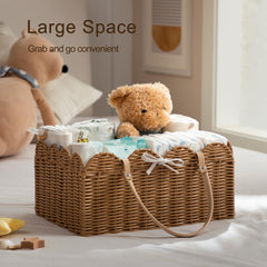 HBlife diaper caddy basket-stitched-wicker demonstrates durable craftsmanship for busy nurseries.