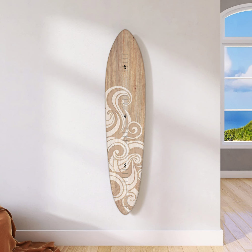 Headwaters Studio surfboard wall art in cream wave decorates nurseries and kids' rooms.