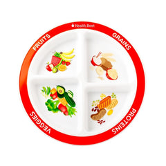 Health Beet MyPlate plate with four sections helps visualize balanced meals for kids.