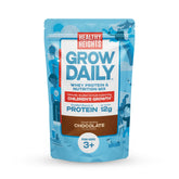 Healthy Heights Grow Daily chocolate protein drink mix bag for kids offers convenient nutrition for active days.