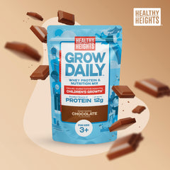 Healthy Heights Grow Daily chocolate scoop shows portion size for protein-rich servings.