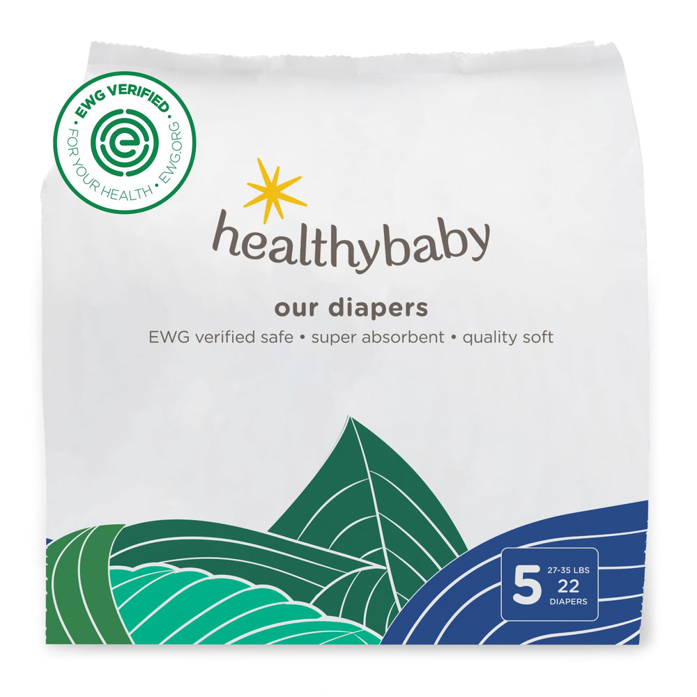 HealthyBaby Our Diapers package view shows plant-based materials for sensitive skin.