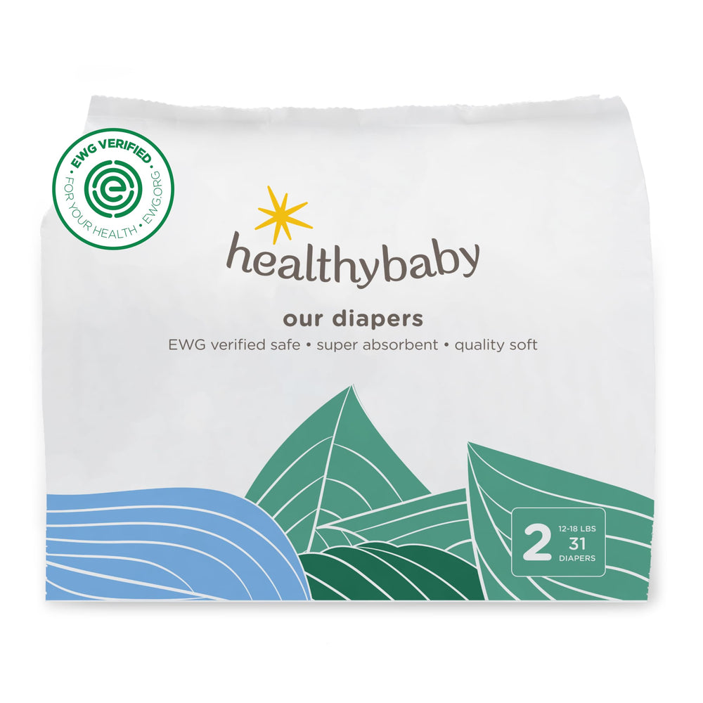 Healthybaby Our Diapers packaging highlights plant-based materials for gentle baby skin