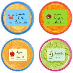 Hebayy 240-pcs baby food labels set packaging shows 45 designs for organized containers.