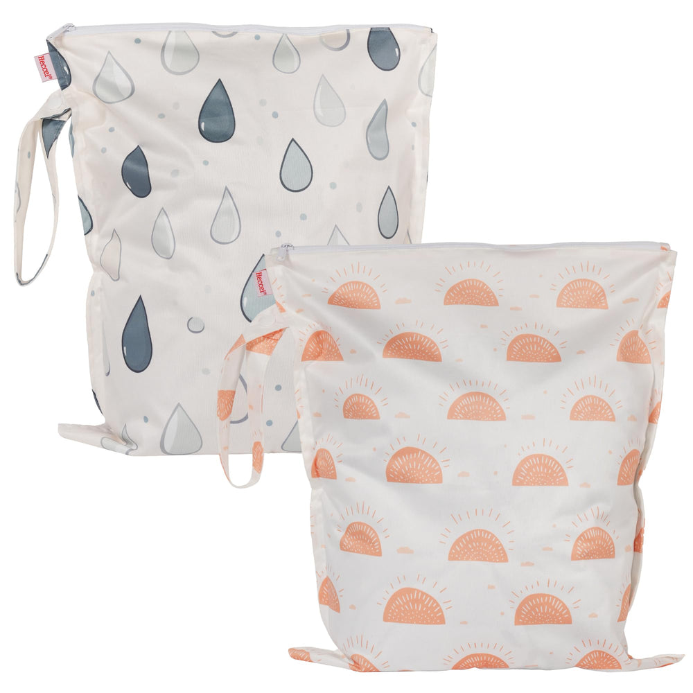 HECCEI Wet Dry Bag Sunny Drizzle packaging shows compact two-pack for travel organization