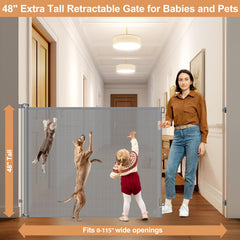 HEELALBABY retractable gate extended to wide opening for large spaces.