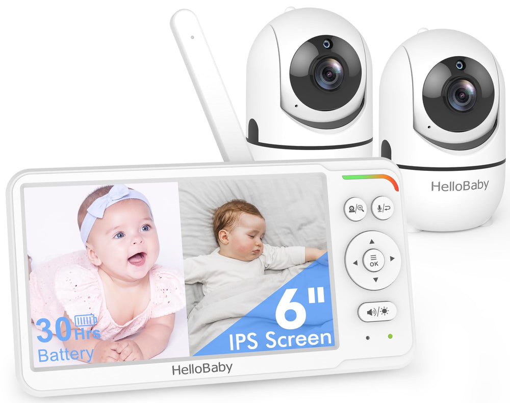 HelloBaby HB6560-2 dual-camera display shows side-by-side monitoring for twins