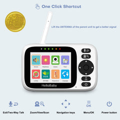 HelloBaby monitor with 3.2-inch screen and remote 320° rotation for wide room view.
