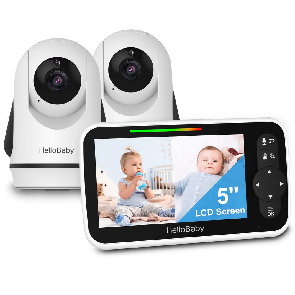 HelloBaby video monitor split-screen display shows two rooms at a glance.