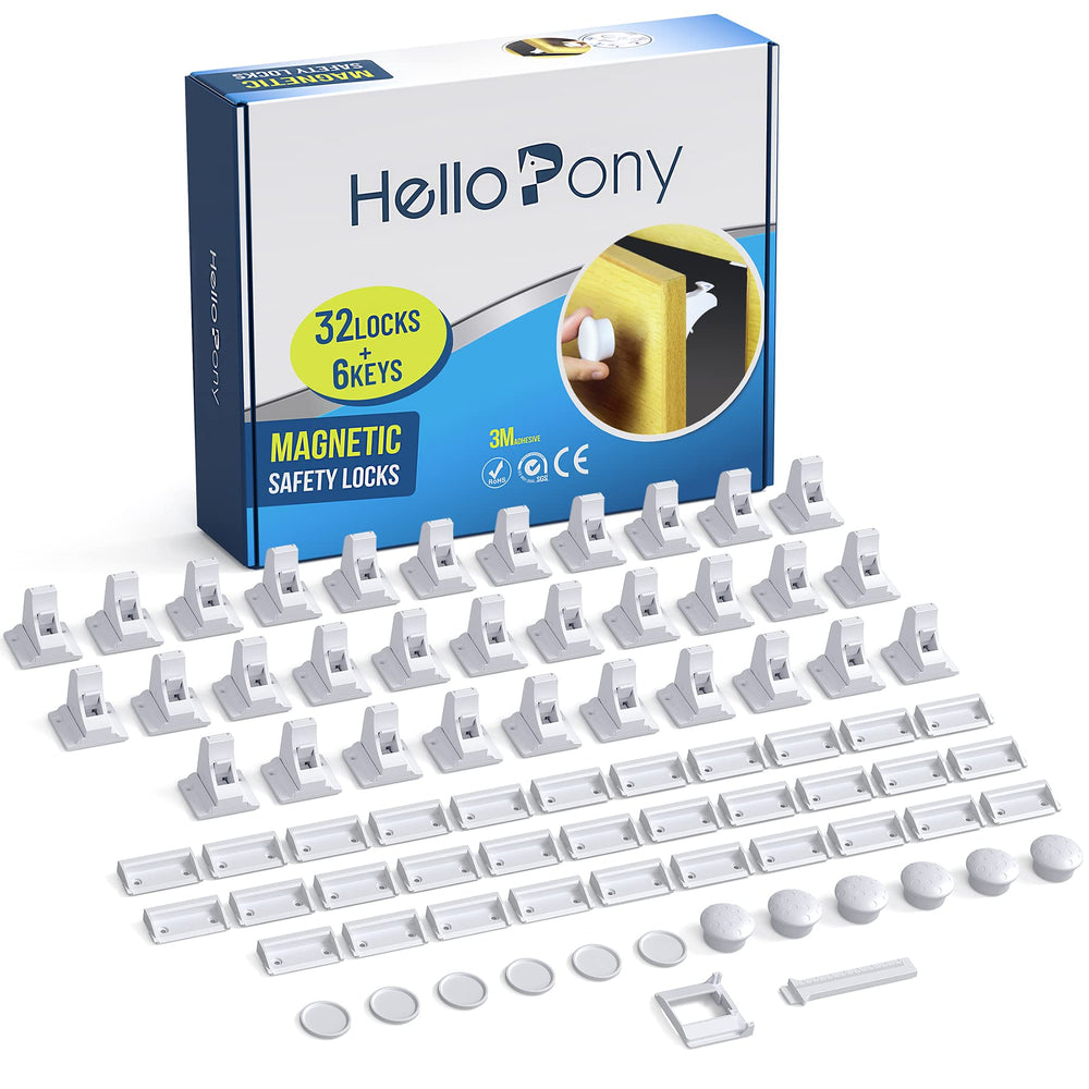 HELLOPONY upgraded magnetic cabinet locks packaging shows a complete safety kit for quick setup.