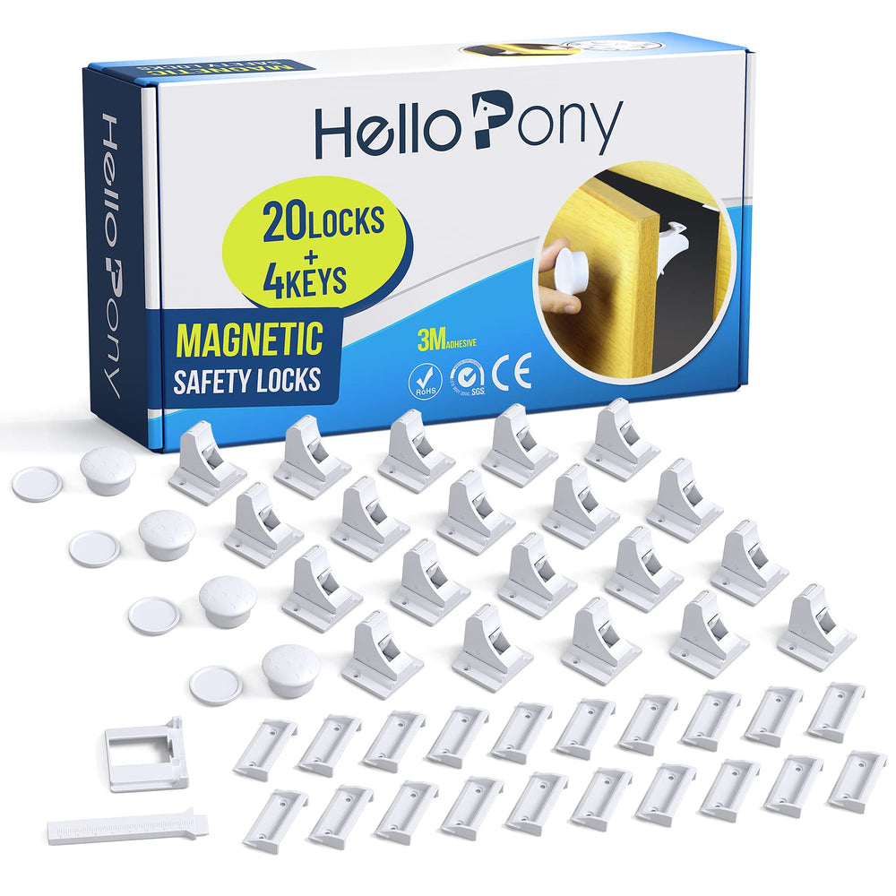 HELLOPONY upgraded magnetic safety locks on cabinet doors demonstrate quick installation.