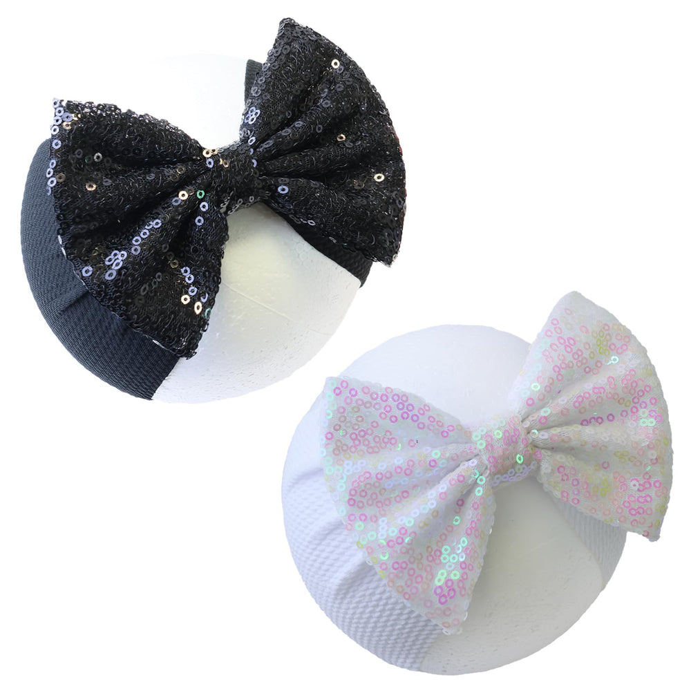 HELykaka black sequin bow headband closeup adds festive style for everyday wear.