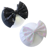 HELykaka black sequin bow headband closeup adds festive style for everyday wear.