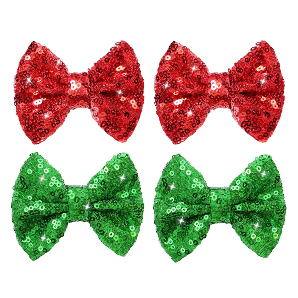 HELYKAKA Christmas bow in green sequins on an alligator clip for festive styling