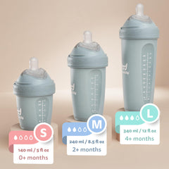 Herobility double anti-colic bottles peach teat closeup highlights the breast-like teat for baby acceptance.