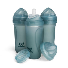 Herobility glass baby bottle teal front view for durable newborn feeding.