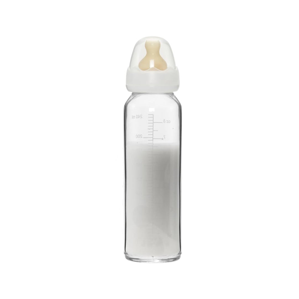 HEVEA baby glass bottle 8oz—clear glass showcases safe, BPA-free feeding.