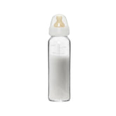 HEVEA baby glass bottle 8oz—clear glass showcases safe, BPA-free feeding.