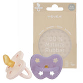 HEVEA pacifier orthodontic three-teat options close-up showing growing-mouth fit for soothing routines