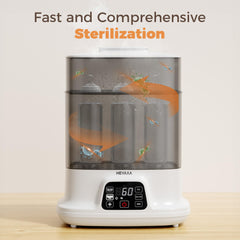 HEYAXA baby bottle steamer demonstrates fast steaming for quick prep.