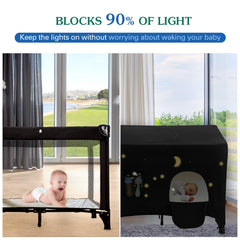 Hiaksedt Pack-N-Play blackout cover side panel shows adjustable brightness for instant privacy.