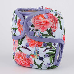 Hibaby diaper cover close-up highlighting double gusset and hummingbirds design