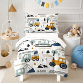 HICAND toddler bedding truck pattern front view highlights cheerful design and soft microfiber comfort.