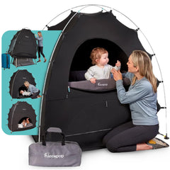 hiccapop DayDreamer blackout tent over playard creates a dark, distraction-free sleep space