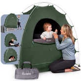 hiccapop Daydreamer sage-green tent over playard creates a dark, secure sleep space.