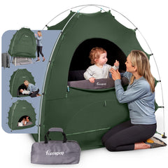 hiccapop Daydreamer sage-green tent over playard creates a dark, secure sleep space.