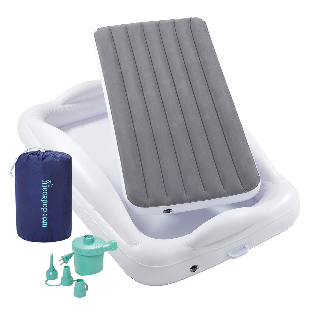 hiccapop inflatable toddler bed with four sided bumpers for safe travel sleep.