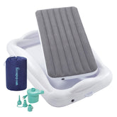 hiccapop inflatable toddler bed with four sided bumpers for safe travel sleep.