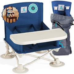 hiccapop OmniBoost folding-frame shows portable travel booster seated for on the go meals