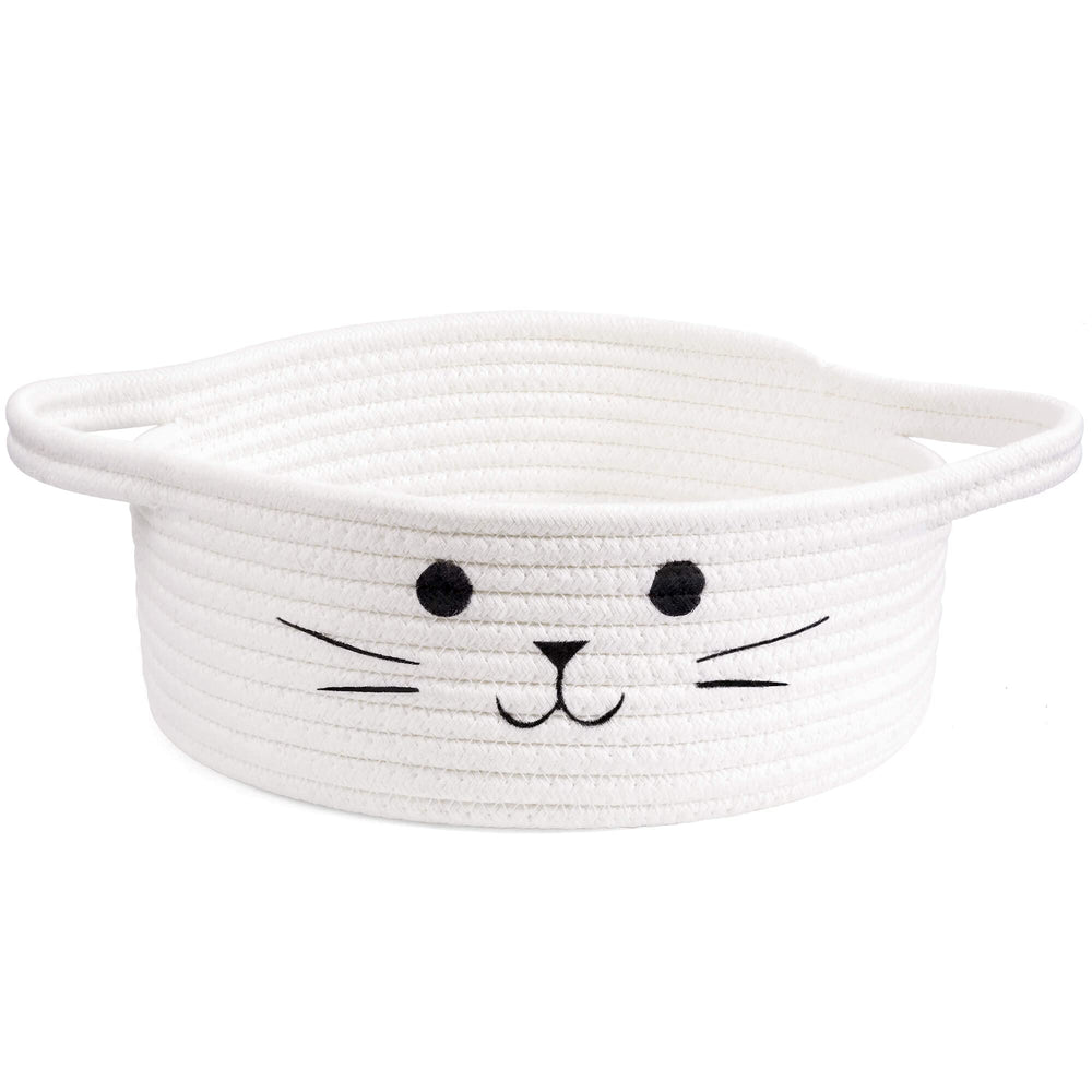 HiChen cat-face design small woven basket for toy storage in living room.