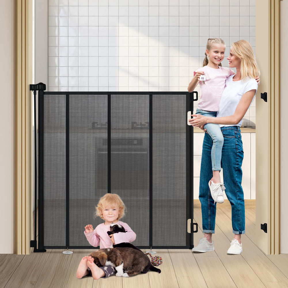 HIDOG 47-inch extra tall retractable gate fully assembled in doorway.