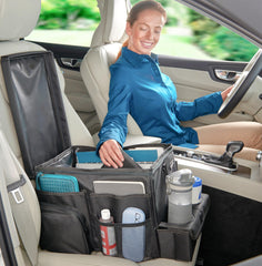 High Road CarHop front-seat organizer overview with cup holder tray and pockets