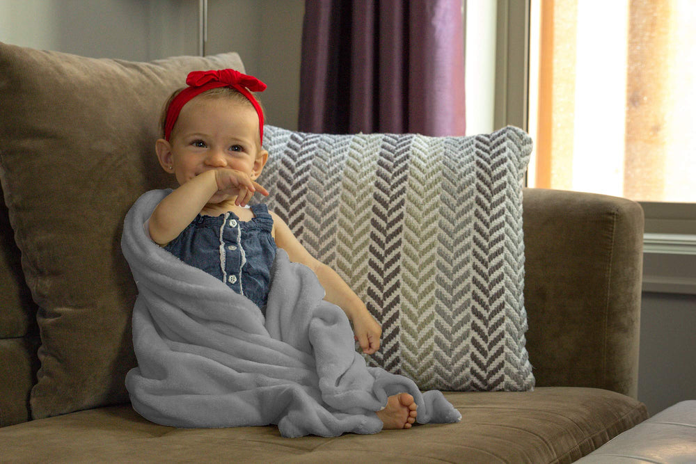 Higher Comfort Grateful Gray blanket full view shows plush softness for newborn snuggles.