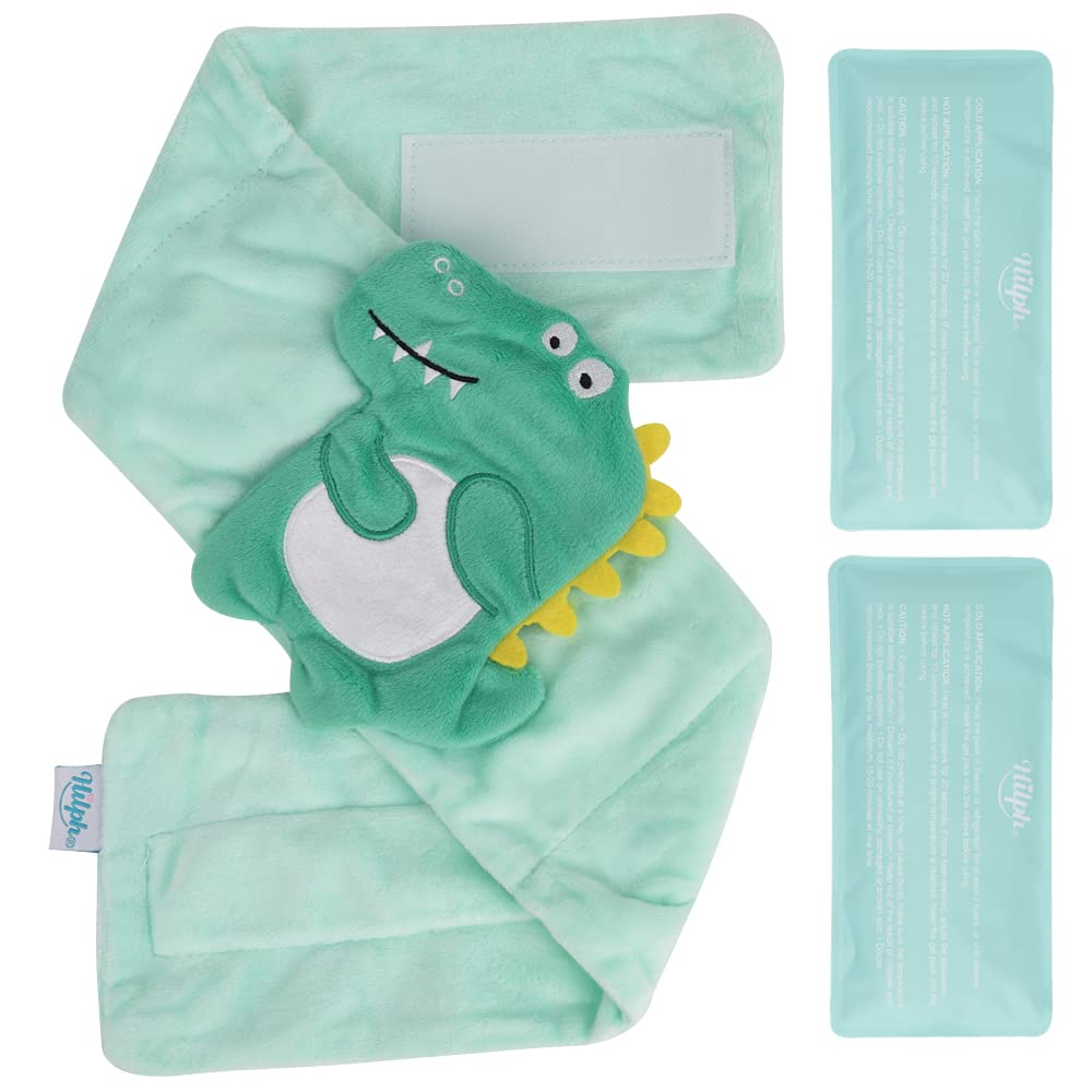Hilph baby colic wrap in green dinosaur design shown from the front for tummy comfort