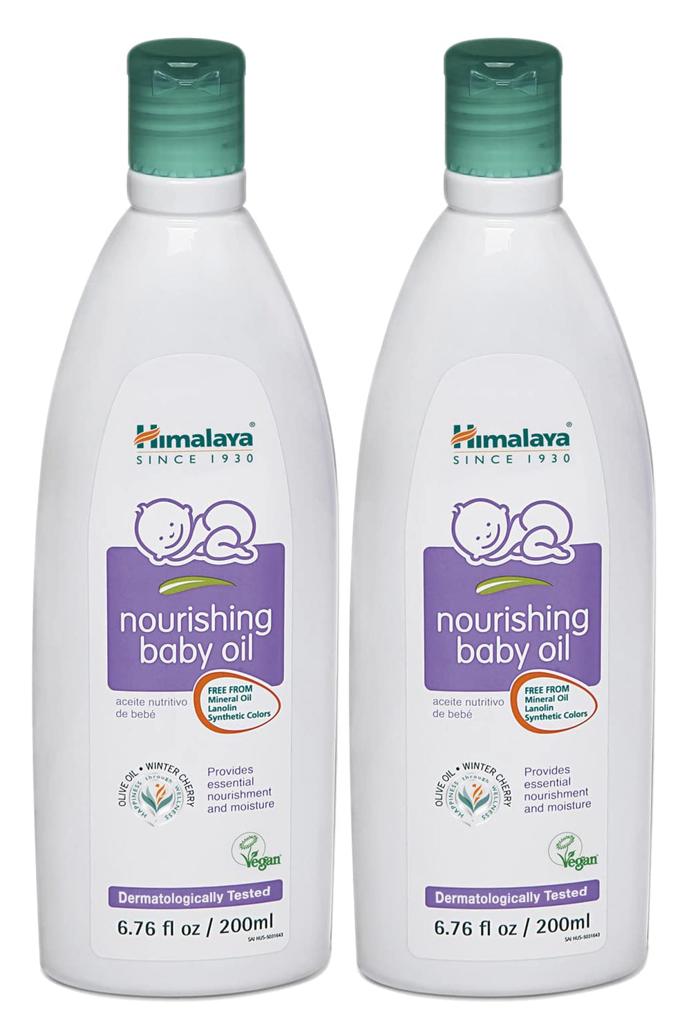 Himalaya Nourishing Baby Oil bottle shows a gentle, light formula for baby massage.