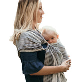 Hip Baby Wrap Moon Honeycomb front view showcasing cozy infant close to caregiver