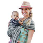 Hip Baby Wrap Ring Sling front carry in Rocky Mountain for comfortable infant support.